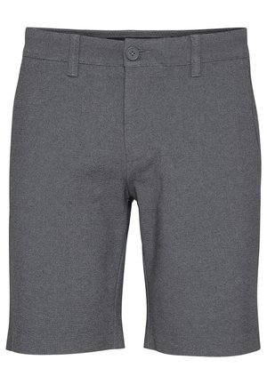 Pantaloncini grigi su misura da uomo, lunghezza fino al ginocchio, con chiusura a bottoni e passanti per cintura, realizzati in tessuto liscio.