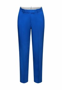 Pantalon de tailleur féminin bleu avec passants pour ceinture, fermeture éclair à l'avant et jambes fines et droites.