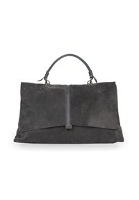 Czarna torba z zamszowej skóry w odcieniu ciemnoszarym, z pojedynczym uchwytem u góry, zapięciem na klapkę oraz małym prostokątnym metalowym zapięciem na środku przodu.