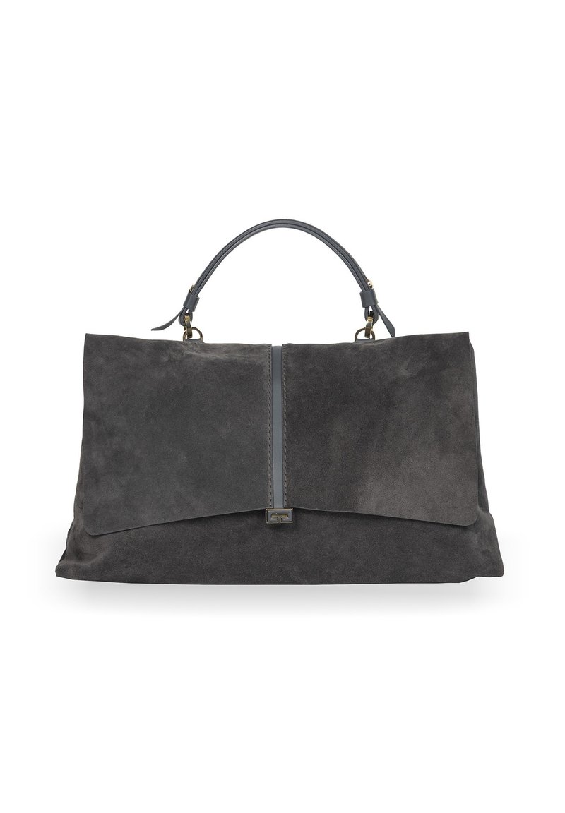 Czarna torba z zamszowej skóry w odcieniu ciemnoszarym, z pojedynczym uchwytem u góry, zapięciem na klapkę oraz małym prostokątnym metalowym zapięciem na środku przodu.