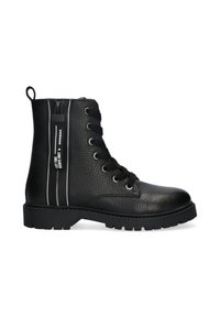 Stivaletto in pelle nera con superficie texture, suola in gomma robusta, allacciatura frontale e cerniera laterale con dettagli bianchi.