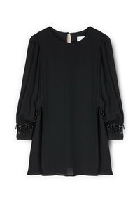 Blusa nera con scollatura tonda, maniche lunghe a sbuffo e dettagli con perline sui polsini. Realizzata in tessuto leggero con vestibilità comoda.