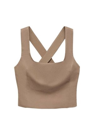 Top corto marrone con spalline larghe, dotato di un design incrociato sulla schiena. Realizzato in un tessuto leggero e liscio con una silhouette aderente.