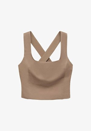 Brązowy, skrócony top na ramiączkach z szerokimi paskami, z plecami w stylu krzyżowym. Wykonany z gładkiego, lekkiego materiału o dopasowanym kroju.