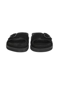 Zwarte suède instapsandalen met een verstelbare band en ronde gespsluiting, voorzien van een platte rubberen zool en een comfortabele, zachte voetbed.