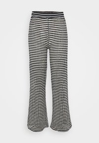 Pantaloni a gamba larga a righe con un motivo in bianco e nero, realizzati in un tessuto morbido e strutturato, dotati di una cintura elastica per il massimo comfort.