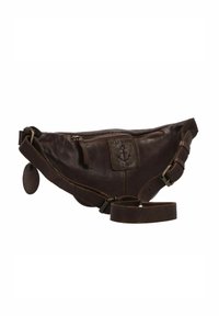 Borsa a vita in pelle marrone scuro con cintura regolabile, zip frontale e una toppa con logo ancora e testo "HARBOUR 2nd".