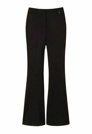 Pantaloni neri a vita alta con gambe svasate, passanti per cintura e un piccolo dettaglio con logo vicino alla tasca destra.