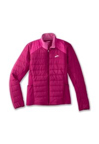 Veste matelassée rose à fermeture éclair intégrale avec col montant et poches latérales, ornée d'un petit logo blanc sur la poitrine.