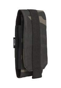 Borsa in tessuto camouflage nero e grigio con un cinturino in Velcro, forma rettangolare, superficie texture e bordi rinforzati per una maggiore durata.