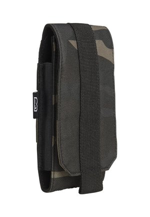 Schwarze und graue Tarnstofftasche mit einem Klettverschlussriemen, rechteckiger Form, strukturiertem Oberflächen und verstärkten Kanten für Langlebigkeit.
