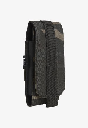 Borsa in tessuto camouflage nero e grigio con un cinturino in Velcro, forma rettangolare, superficie texture e bordi rinforzati per una maggiore durata.