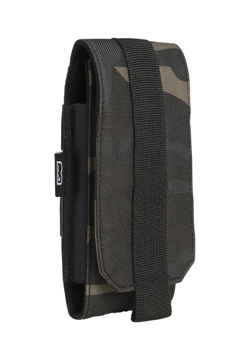 Borsa in tessuto camouflage nero e grigio con un cinturino in Velcro, forma rettangolare, superficie texture e bordi rinforzati per una maggiore durata.