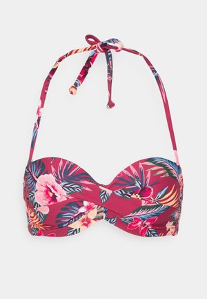 Maroon floral bikini top with a strap tie. Features tropical flowers and leaves in pink, green, and yellow. Smooth texture with molded cups.