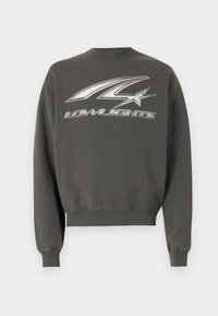 Gray sweatshirt with a crew neck, featuring a large metallic graphic design and ribbed cuffs and hem.