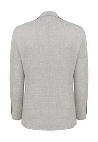Jasnoszary blazer, teksturowana tkanina, jednozamkowy fason, klapki, rozcięcie z tyłu, prosty krój, zapinane mankiety z akcentami.