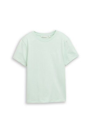 Licht mintgroen katoenen T-shirt met korte mouwen, ronde halslijn en subtiele witte tekst op de linkerborst.
