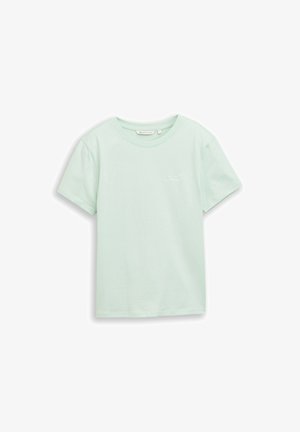 Licht mintgroen katoenen T-shirt met korte mouwen, ronde halslijn en subtiele witte tekst op de linkerborst.
