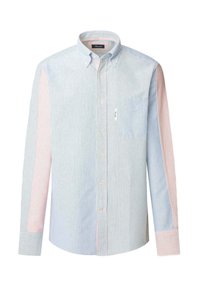 Gestreept overhemd met lichte blauwe en pastelroze tinten, voorzien van een borstzak en contrasterende gestreepte mouwen.