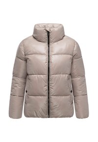 Giacca imbottita in beige chiaro con colletto alto, zip frontale e dettagli neri, caratterizzata da una texture trapuntata e bottoni sui lati.