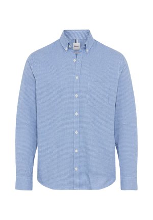 Chemise à manches longues pour hommes, à boutons, avec un motif à petits carreaux bleus et blancs et une poche poitrine, boutons du col visibles.
