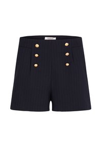 Shorts bleu marine à rayures verticales, dotés de boutons dorés à double boutonnage et de poches latérales. Coupe ajustée et texture lisse.