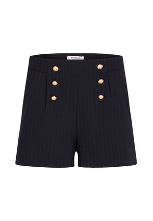 Dunkelblaue Shorts mit vertikalen Streifen, ausgestattet mit doppelt geknöpften goldfarbenen Knöpfen und Seitentaschen. Schmaler Schnitt und glatte Textur.