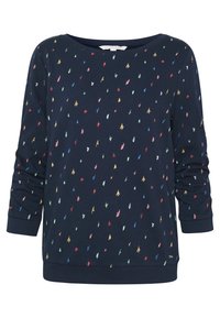 Marinblå sweatshirt med lös passform, rund halsringning och långa ärmar; har ett flerfärgat, spritt mönster och ribbade muddar.