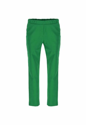 Pantalones ajustados de color verde brillante con cintura elástica y bolsillos laterales, mostrados sobre un fondo blanco.