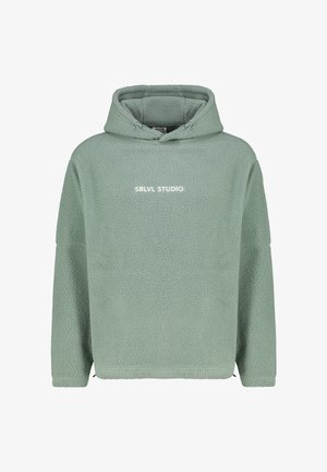 Mintgrüner Kapuzenpullover aus Plüschmaterial mit lockerer Passform, abfallenden Schultern und Vorderseite mit "SBLVL STUDIO"-Logo.