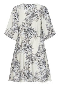 Robe blanche avec motif floral cachemire en noir et gris, manches courtes évasées et taille froncée, vue de dos.