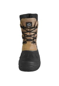 Brauner wasserdichter Stiefel mit schwarzer Gummisohle, Schnürdesign und mit Fleece gefüttertem Kragen. Strukturierte Oberfläche für besseren Halt und erhöhte Haltbarkeit.