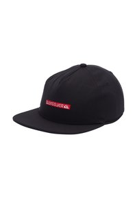Black cap made of cotton with a flat brim, featuring a red embroidered "Quiksilver" logo on the front and a button on top.