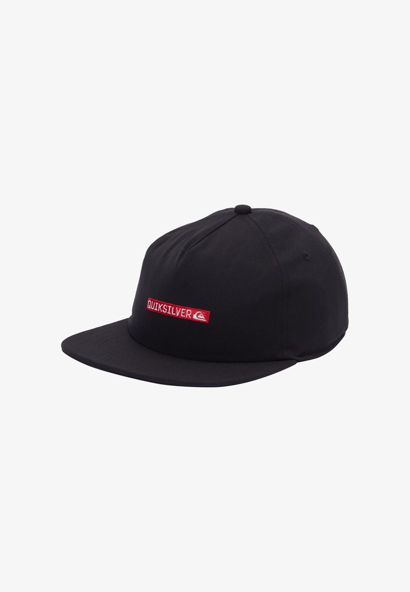Boné preto feito de algodão com aba reta, apresentando um logótipo bordado em vermelho "Quiksilver" na frente e um botão em cima.