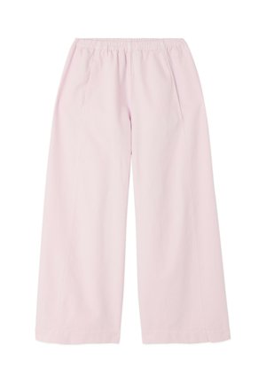 Pantaloni larghi color rosa chiaro con vita elastica e tasche laterali, realizzati in tessuto liscio.