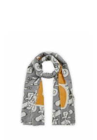 Étole grise ornée d'un motif de personnage de dessin animé en noir et blanc, avec des accents orange. Fabriquée en tissu doux, avec des bords frangés.
