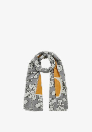 Gray scarf featuring a cartoon character pattern in black and white, with orange accents. Made of soft fabric, with fringed edges.