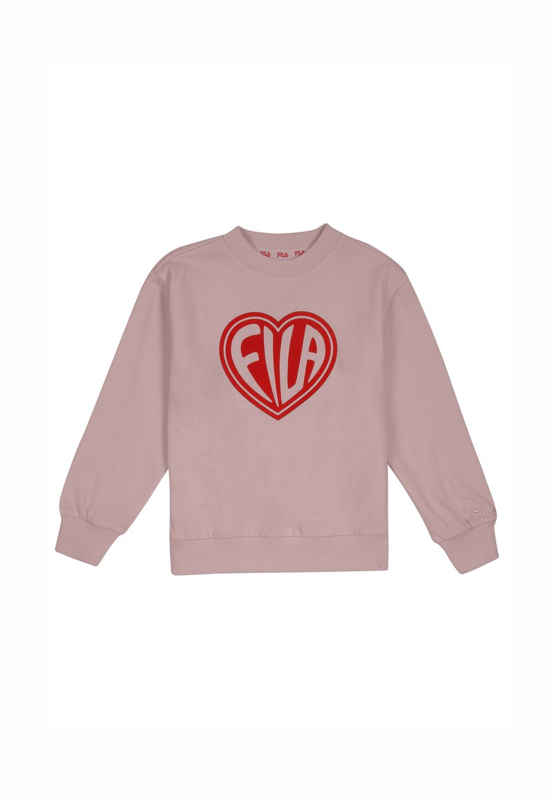 Sudadera de felpa rosa claro con cuello redondo, mangas largas y puños de canalé. Presenta un gran diseño de corazón rojo con la letra "FILA".