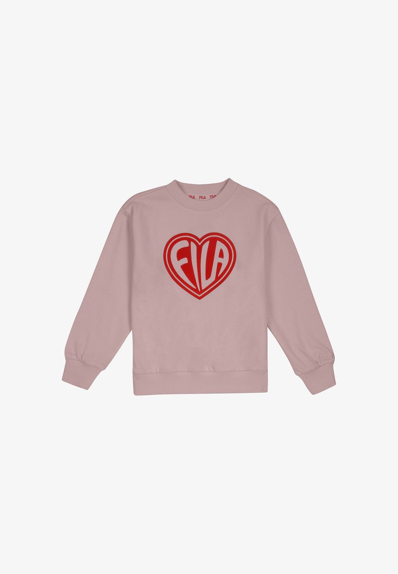 Sudadera de felpa rosa claro con cuello redondo, mangas largas y puños de canalé. Presenta un gran diseño de corazón rojo con la letra "FILA".