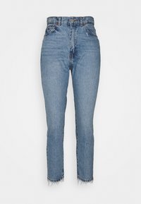 Ljusblå denimjeans med hög midja, rak benstil och fransad fåll. Har klassisk femficksdesign och metallknappstängning.