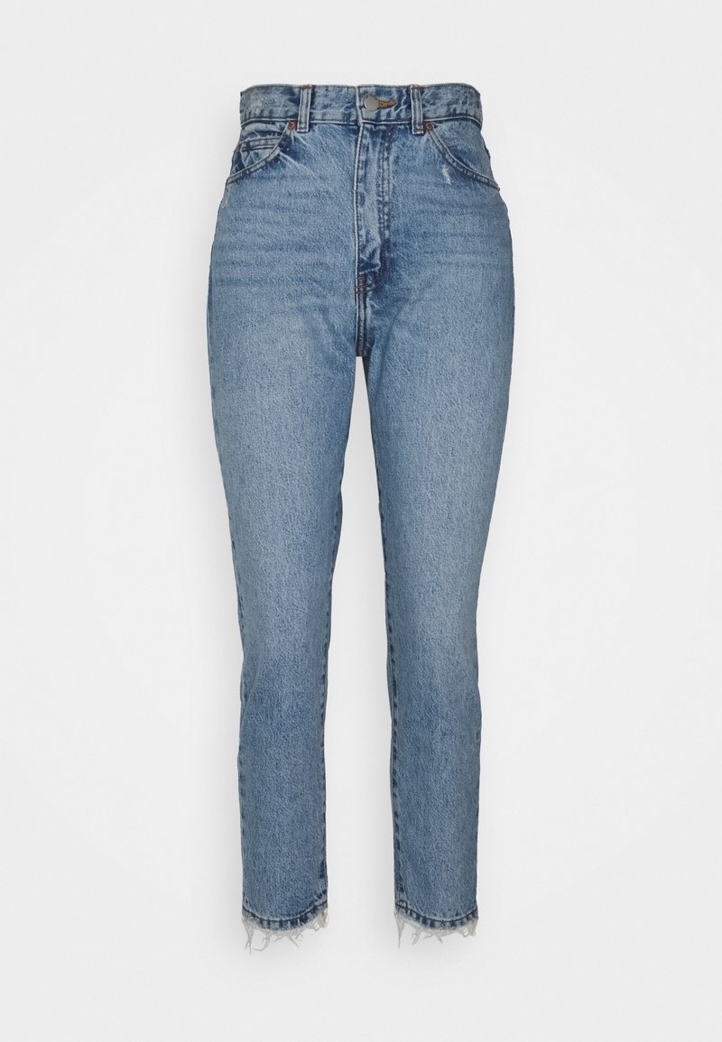 Ljusblå denimjeans med hög midja, rak benstil och fransad fåll. Har klassisk femficksdesign och metallknappstängning.