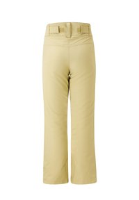 Helle gelbe Hose mit gerade geschnittenem Design, ausgestattet mit einem hohen Bund mit Klettverschlussanpassungen und glatter Stoffstruktur.