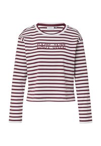 Langarmshirt aus Baumwolle mit maroon- und weißen horizontalen Streifen. Mit "EASY JAZZ"-Text auf der Vorderseite bedruckt. Rundhalsausschnitt.