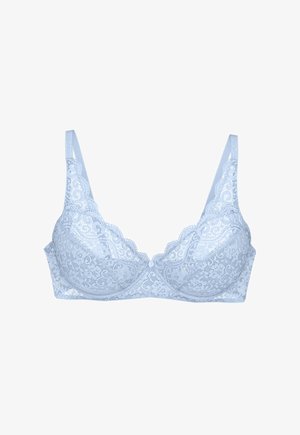 Himmelblauer Spitzen-BH mit floralen Mustern, gewellten Rändern, mit Bügelunterstützung und verstellbaren Schulterträgern.