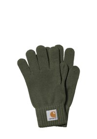 Guantes de punto verdes con puño acanalado. Tienen una etiqueta cuadrada con un logo naranja sobre fondo blanco en la muñeca.