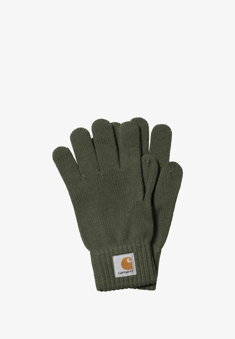 Guantes de punto verdes con puño acanalado. Tienen una etiqueta cuadrada con un logo naranja sobre fondo blanco en la muñeca.