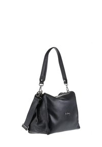 Zwarte leren handtas met een slouchy ontwerp, voorzien van een bovenhandvat, een verstelbare schouderband en een subtiele logo-details.