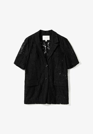 Black short-sleeve lace blazer with two buttons, notched collar, and front flap pockets, displayed on a white background.