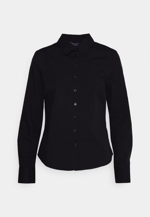 Zwarte lang-termijn button-up shirt van gladde stof, met een klassieke kraag en een rij zwarte knopen aan de voorkant.