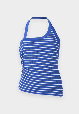 Sinine ja valge horisontaalsete triipudega soonikkoes halter-kaelusega lühike särk, külgedel kortsudega.